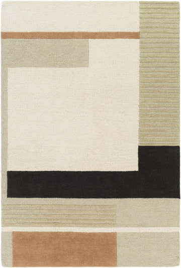 Close-up of the Gungahlin Area Rug. Hand-tufted wool rug with geometric design in black, light beige, peach, and tan. Design-Rectangle-576