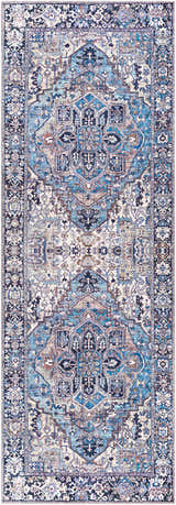 Detailed Neyland Iris Blue Area Rug 2362 with a cream, blue, and beige traditional oriental pattern. Design-Runner-2676