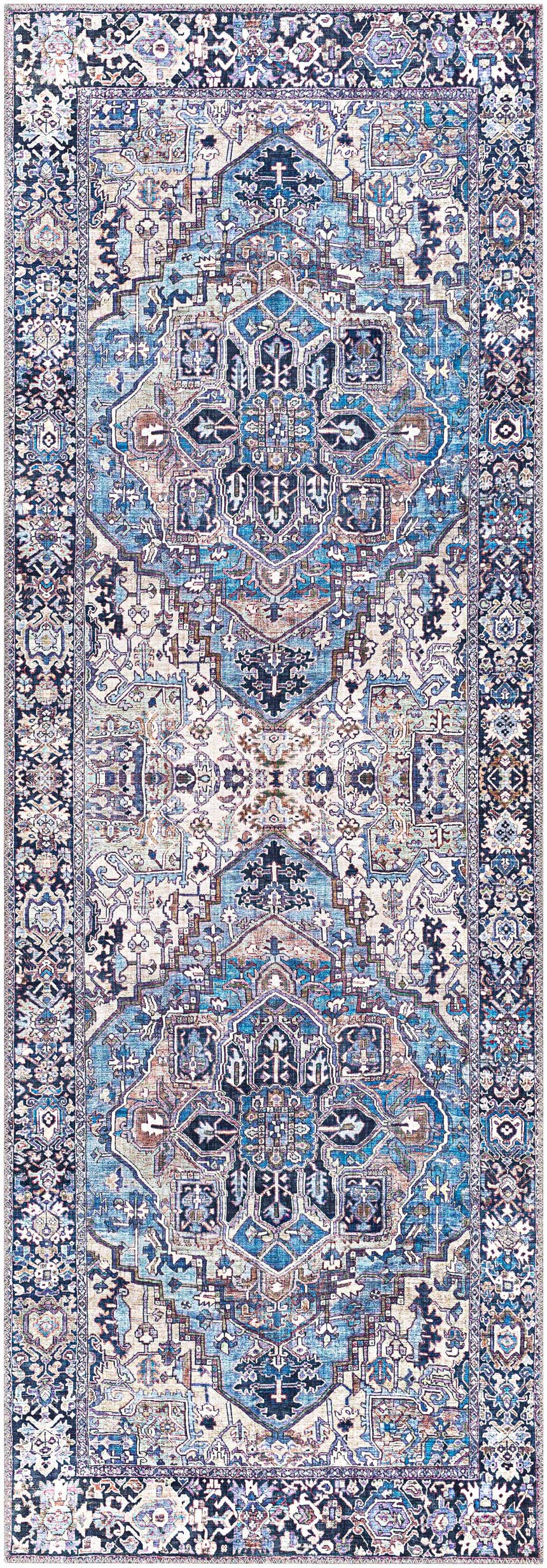 Detailed Neyland Iris Blue Area Rug 2362 with a cream, blue, and beige traditional oriental pattern. Design-Runner-2676