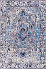 Detailed Neyland Iris Blue Area Rug 2362 with cream, blue, and mauve Oriental-inspired pattern. Design-Rectangle-576