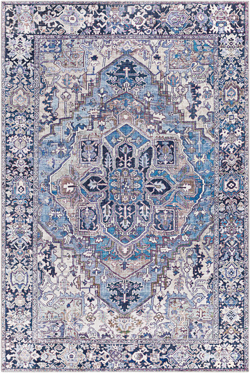 Detailed Neyland Iris Blue Area Rug 2362 with cream, blue, and mauve Oriental-inspired pattern. Design-Rectangle-576