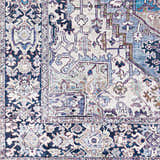 Close up of the Neyland Iris Blue Area Rug, showcasing its cream, blue, and mauve traditional pattern. Swatch
