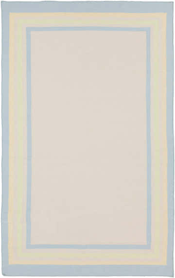 Close-up of the hand-woven Hackberry Area Rug. Ivory rug with light blue, light olive, and yellow border stripes. Design-Rectangle