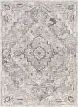 Close-up of the Hagdan Thick Luxe Rug. Cream, gray, and beige oriental rug with a traditional, machine-woven design. Design-Rectangle-5373