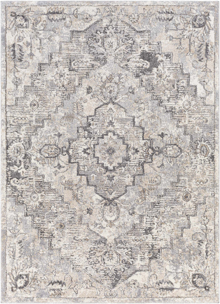 Close-up of the Hagdan Thick Luxe Rug. Cream, gray, and beige oriental rug with a traditional, machine-woven design. Design-Rectangle-5373