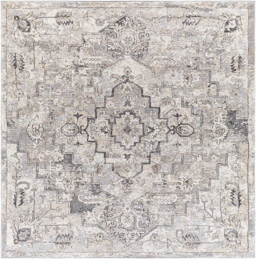 Close-up of the Hagdan Thick Luxe Rug. Traditional oriental design in cream, gray, light beige, and light gray tones. Design-Square-710