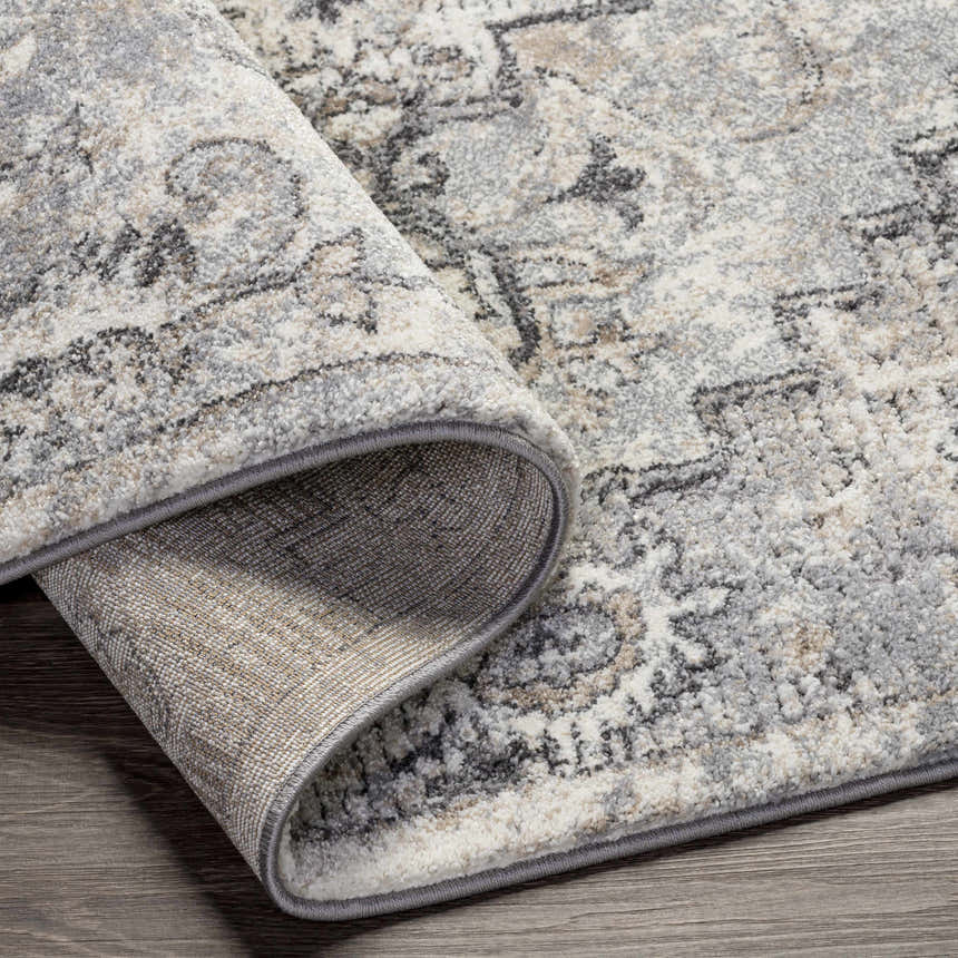 Close-up of the Hagdan Thick Luxe Rug showing its cream, gray, and beige oriental pattern and thick, plush texture. Fold