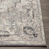 Close-up of the Hagdan Thick Luxe Rug. Cream, gray, and beige oriental pattern with a soft, plush texture. Clearance item. Front