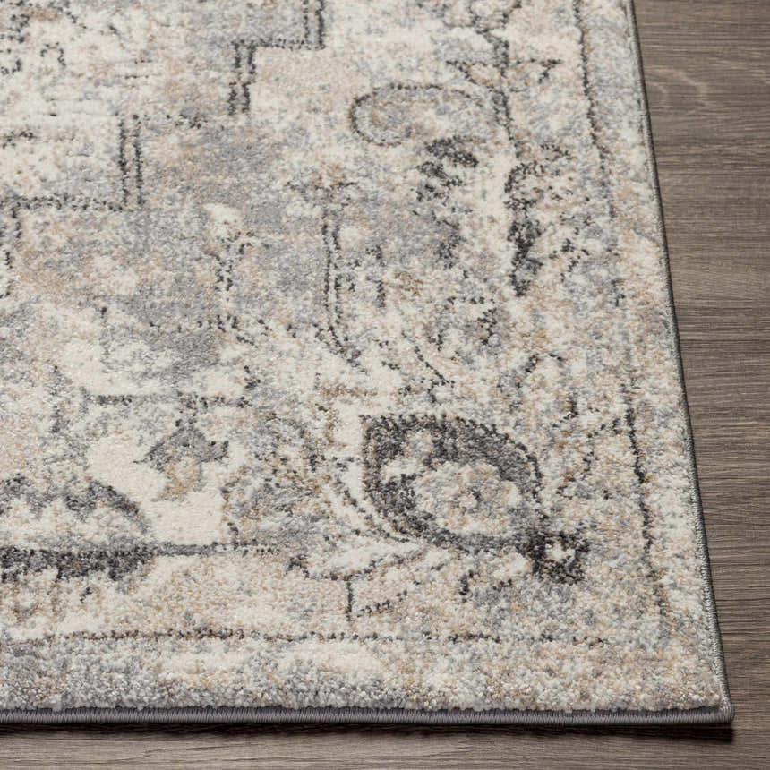 Close-up of the Hagdan Thick Luxe Rug. Cream, gray, and beige oriental pattern with a soft, plush texture. Clearance item. Front