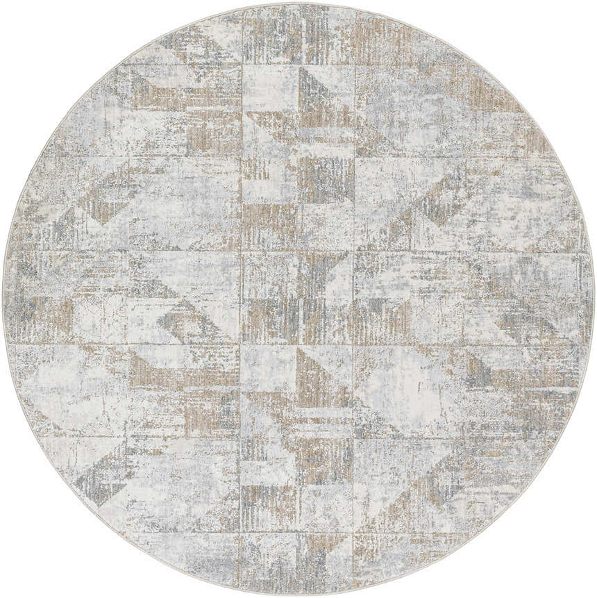 Round Halia Thick Luxe Boutique Rug in cloud gray, dark brown, and light gray with a contemporary geometric pattern. Design-Round-53