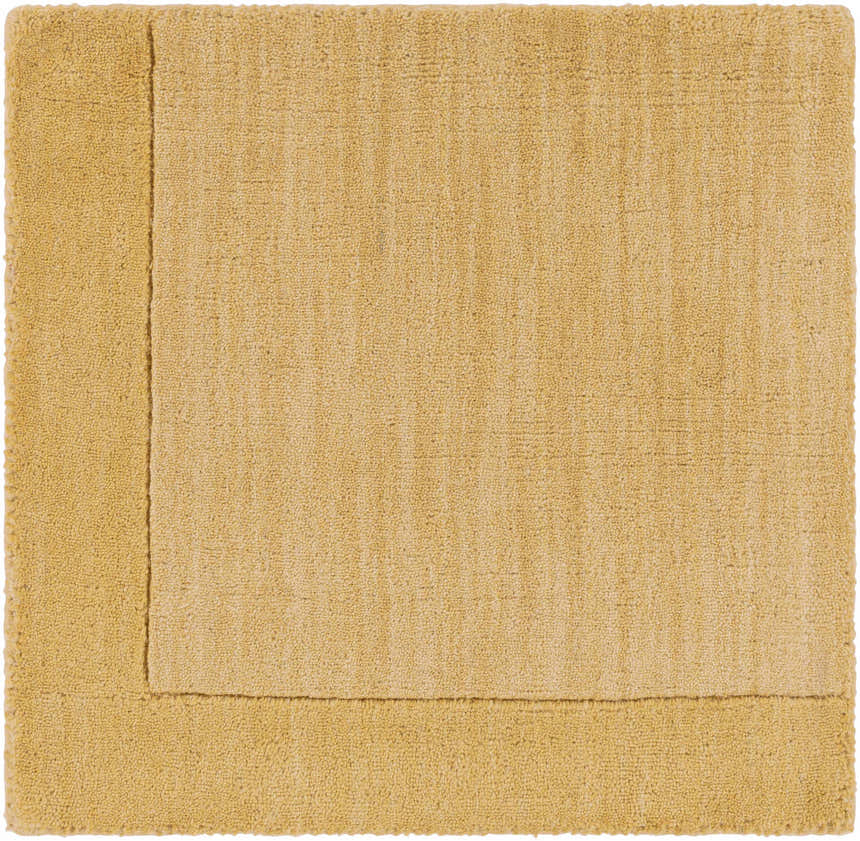 Close-up of a hand-loomed Bordered Solid Camel Yellow Wool Rug showing its texture and simple, contemporary design. Swatch