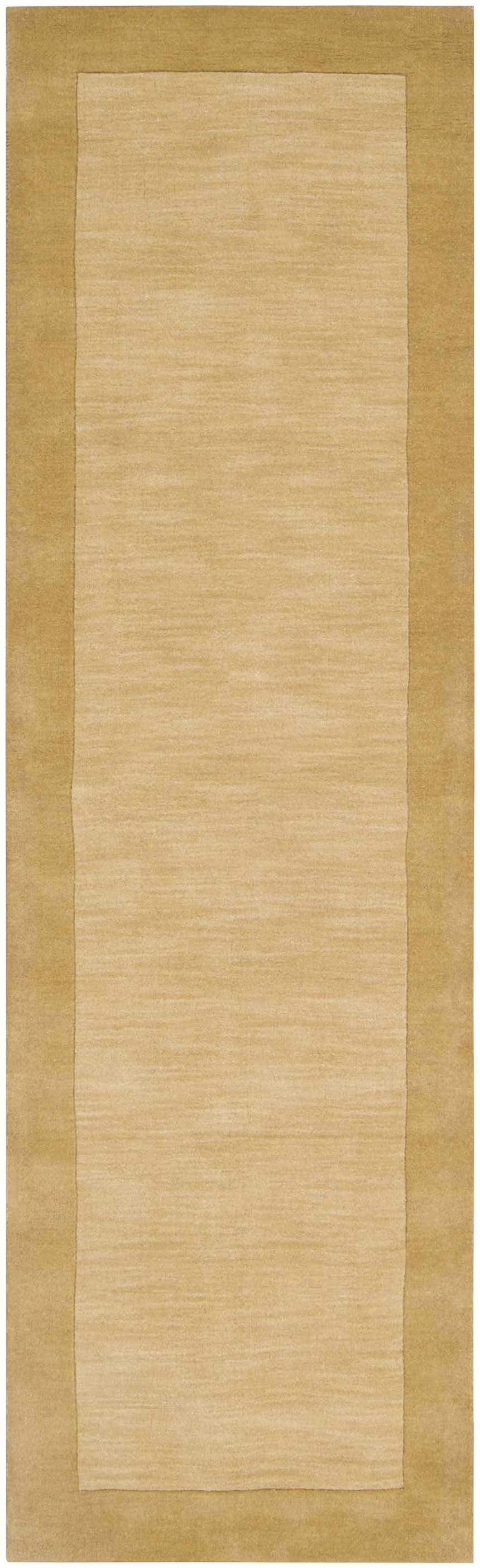 Close-up of a hand-loomed Bordered Solid Camel Yellow Wool Rug, showing the texture and color variations. Design-Runner-268