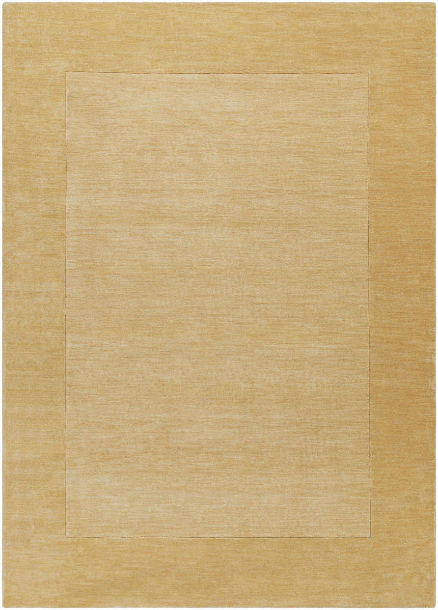 Close-up of a hand-loomed Bordered Solid Camel Yellow Wool Rug featuring a simple, contemporary design. Design-Rectangle-811
