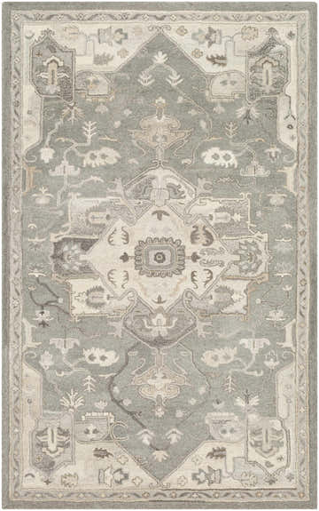 Detailed taupe Broomfield 1196 wool rug. Hand tufted, with traditional oriental-inspired patterns in taupe, beige, and gray. Design-Rectangle-58
