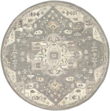 Close-up of a round Broomfield 1196 Hand Tufted Taupe Wool Rug with a traditional, oriental-inspired pattern in taupe, beige, and brown. Design-Round-8