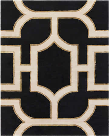Close-up of the Hamtramck Hand Tufted Wool Area Rug. Black rug with ivory and light brown geometric pattern. Design-Rectangle-810
