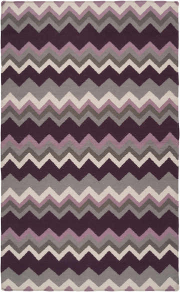 Close-up of a hand woven Hardwood Area Rug - Clearance, featuring a chevron pattern in plum, mauve, gray, ivory, and dark brown. Design-Rectangle-58