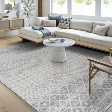 Living room scene with a Constantin Gray Area Rug, white sofa, and round coffee table. Roomscene-Rectangle