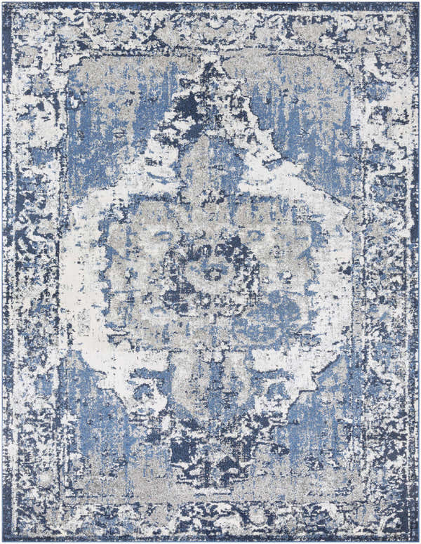 Close-up of the Hartshorne Area Rug featuring a traditional, vintage design in blue, charcoal, and ivory tones. Design-Rectangle-710103