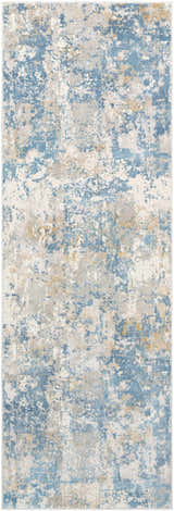 Close-up of the Hawes Faux Silk Rug. Abstract design in light blue, light gray, mustard, and off-white. Viscose rug texture. Design-Runner-2777