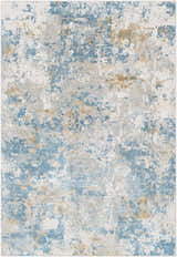 Close-up of the Hawes Faux Silk Rug, featuring a contemporary abstract design in light blue, gray, mustard, and off-white. Design-Rectangle-5373