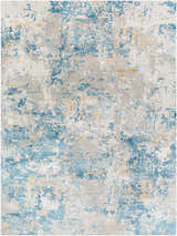 Close-up of the Hawes Faux Silk Rug. Abstract design in light blue, light gray, mustard, and off-white hues. Viscose texture. Design-Rectangle-710103