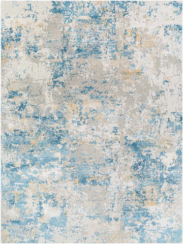 Close-up of the Hawes Faux Silk Rug. Abstract design in light blue, light gray, mustard, and off-white hues. Viscose texture. Design-Rectangle-710103