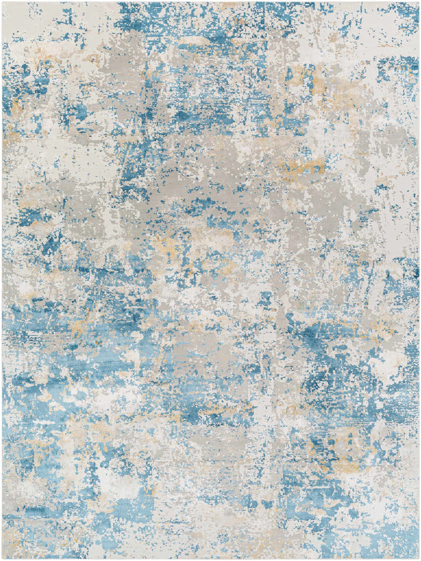 Close-up of the Hawes Faux Silk Rug. Abstract design in light blue, light gray, mustard, and off-white hues. Viscose texture. Design-Rectangle-710103