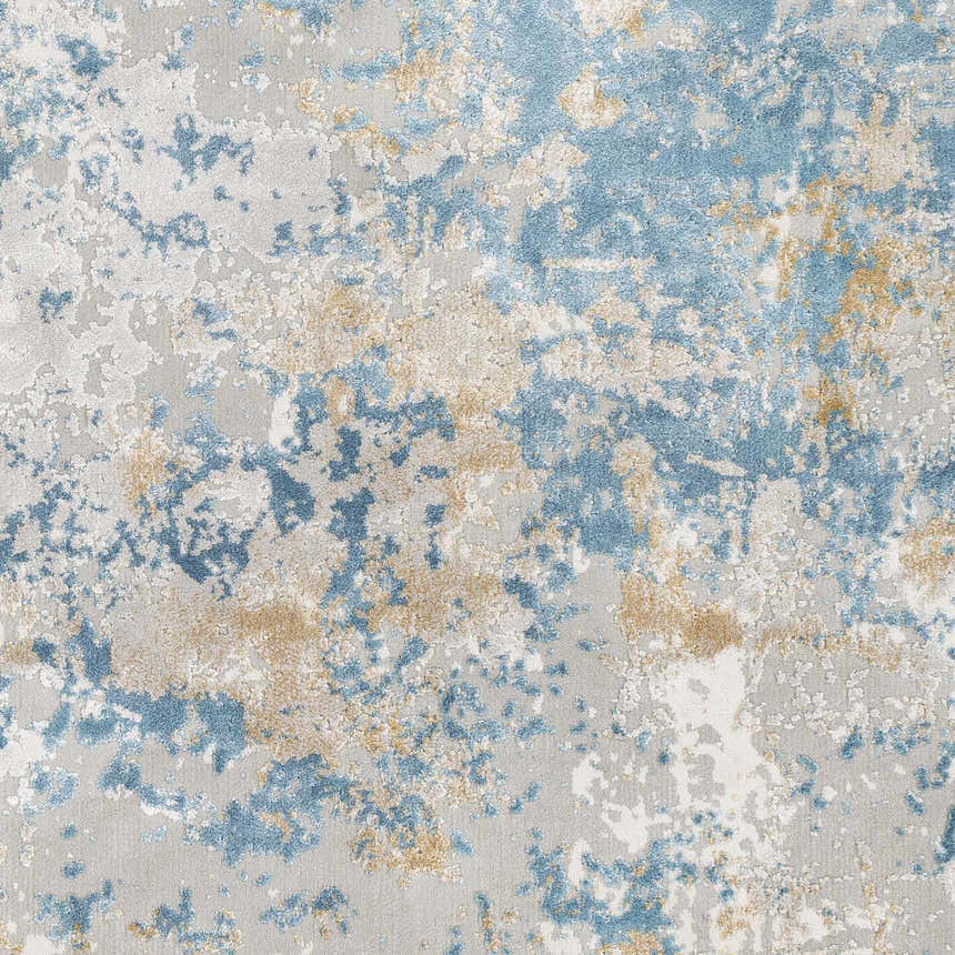 Close-up of Hawes Faux Silk Rug showing light blue, gray, off white, and mustard abstract pattern and soft viscose texture. Swatch