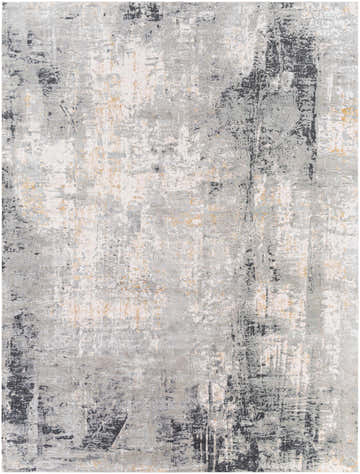 Close-up of the Hayle Area Rug. Contemporary design in charcoal, gray, off-white, and mustard hues. Abstract pattern. Design-Rectangle-710103