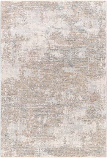 Close-up of Hazan Thick Luxe Boutique Rug with a distressed pattern in cloud gray, dark brown, and light gray. Design-Rectangle-537
