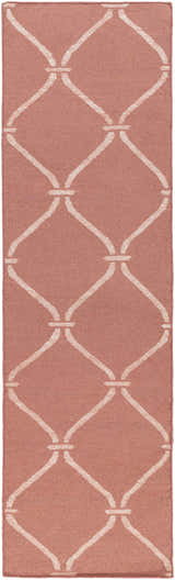 Close-up of the Hazelhurst Area Carpet. Dusty pink rug with a light gray geometric trellis pattern. Hand woven wool texture. Design-Runner-268