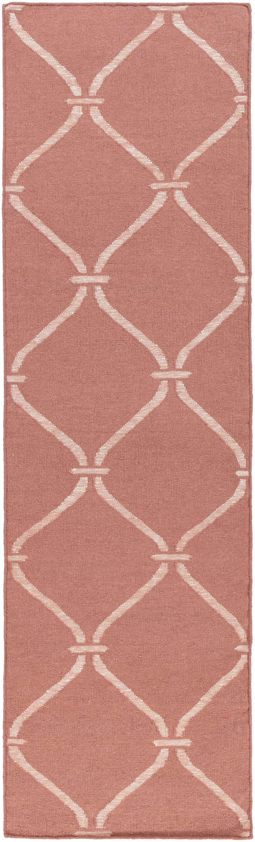 Close-up of the Hazelhurst Area Carpet. Dusty pink rug with a light gray geometric trellis pattern. Hand woven wool texture. Design-Runner-268