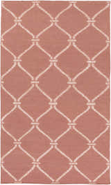 Dusty pink Hazelhurst Area Carpet with a light gray diamond trellis pattern. Hand woven wool rug. Design-Rectangle-576