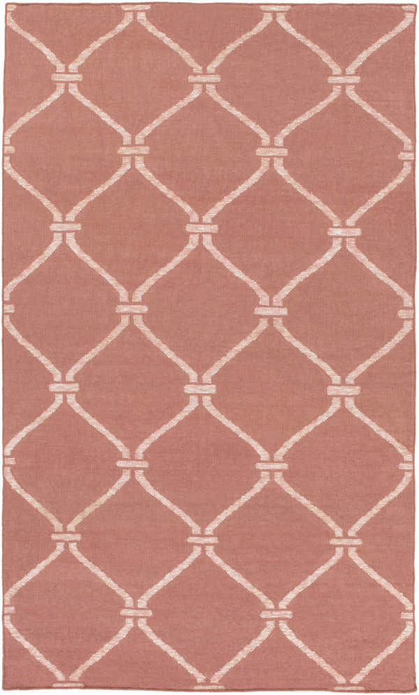 Dusty pink Hazelhurst Area Carpet with a light gray diamond trellis pattern. Hand woven wool rug. Design-Rectangle-576