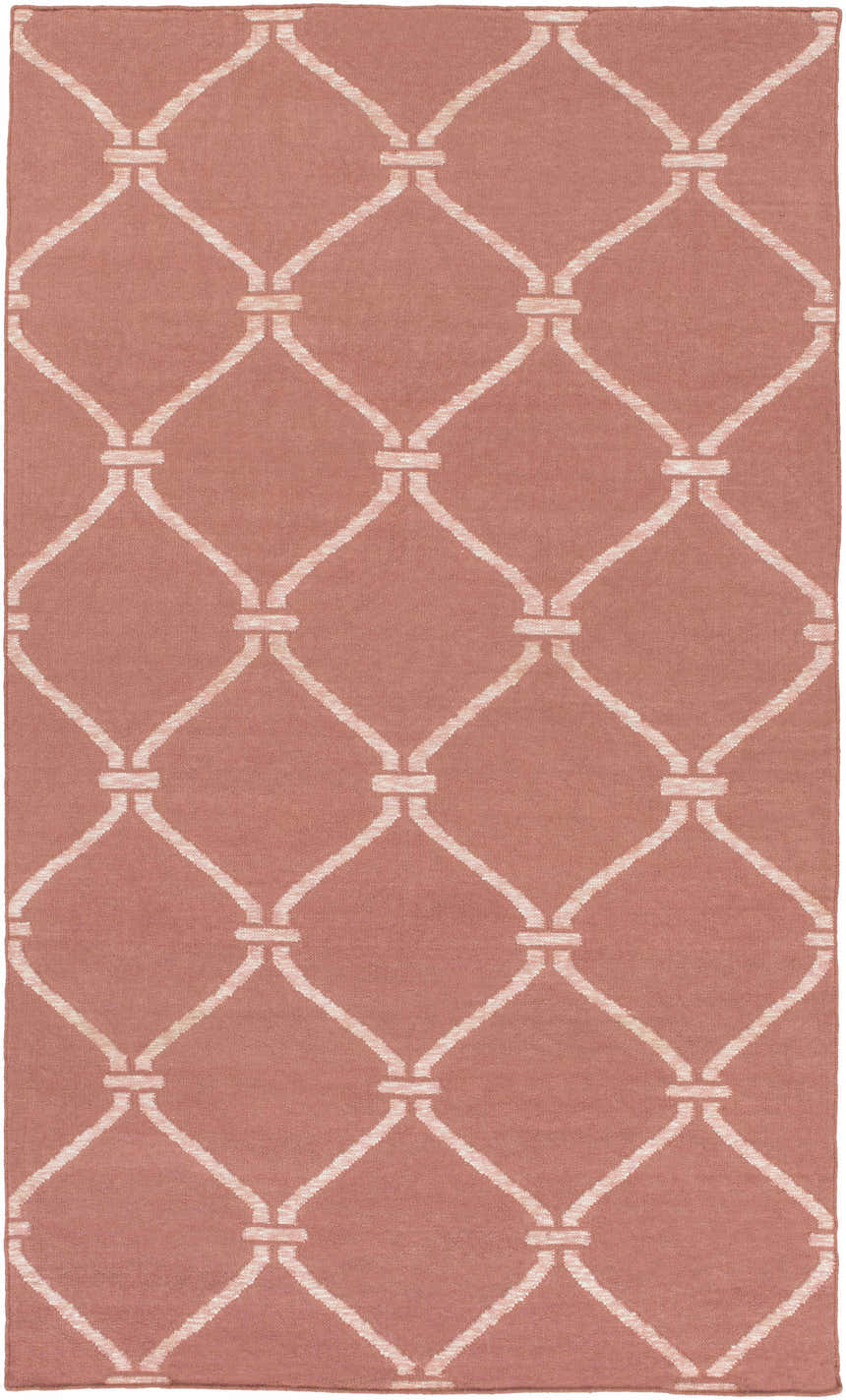 Dusty pink Hazelhurst Area Carpet with a light gray diamond trellis pattern. Hand woven wool rug. Design-Rectangle-576