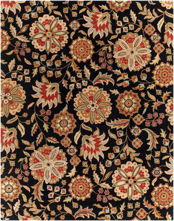 Close-up of the Heaters Black Floral Wool Carpet, featuring a traditional floral pattern in black, red, beige, and sage. Design-Rectangle-7696