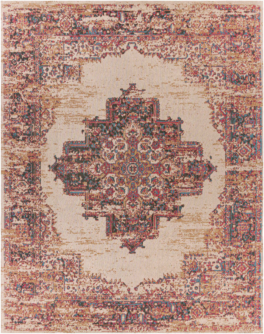 Detailed Heaton Red Medallion Area Rug close-up. Traditional Persian style with red, blue, and green accents. Design-Rectangle-810