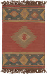Close-up of the Hedon Wool Area Rug. Brick red rug with a Southwestern-inspired geometric pattern and brown fringe. Design-Rectangle-23