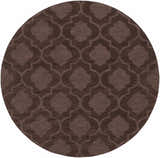 Close-up of the round Hedgesville Area Rug. Dark brown wool rug with a contemporary quatrefoil pattern. Design-Round-79