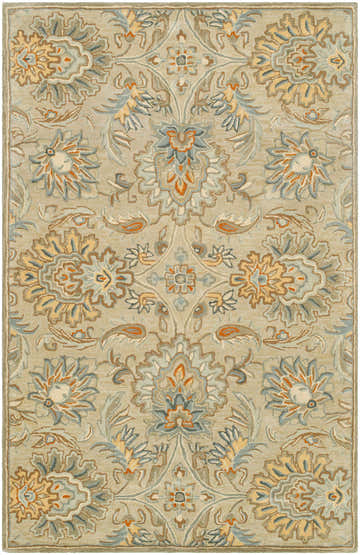 Close-up of the Hedia Area Rug. Hand-tufted wool rug in beige, gray, brown, and tan floral pattern. Traditional style. Design-Rectangle-58