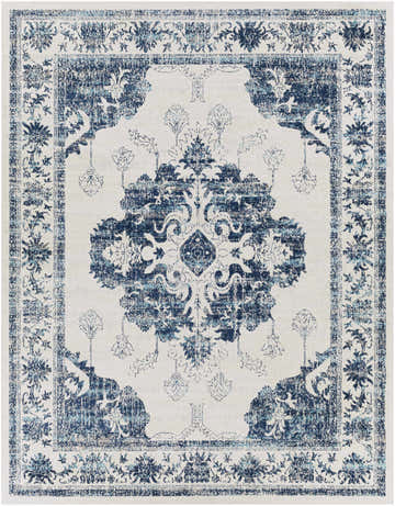 Close-up of the Helidon Area Rug. Features a light beige base with a navy and light blue traditional, floral pattern. Design-Rectangle-71010