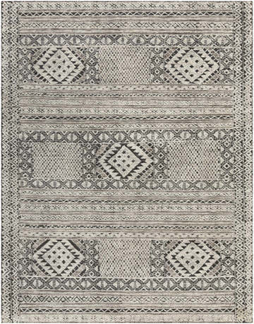 Close-up of the Hemyock Premium Wool&Viscose Carpet. Features a black, charcoal, and off-white bohemian geometric pattern. Design-Rectangle-69