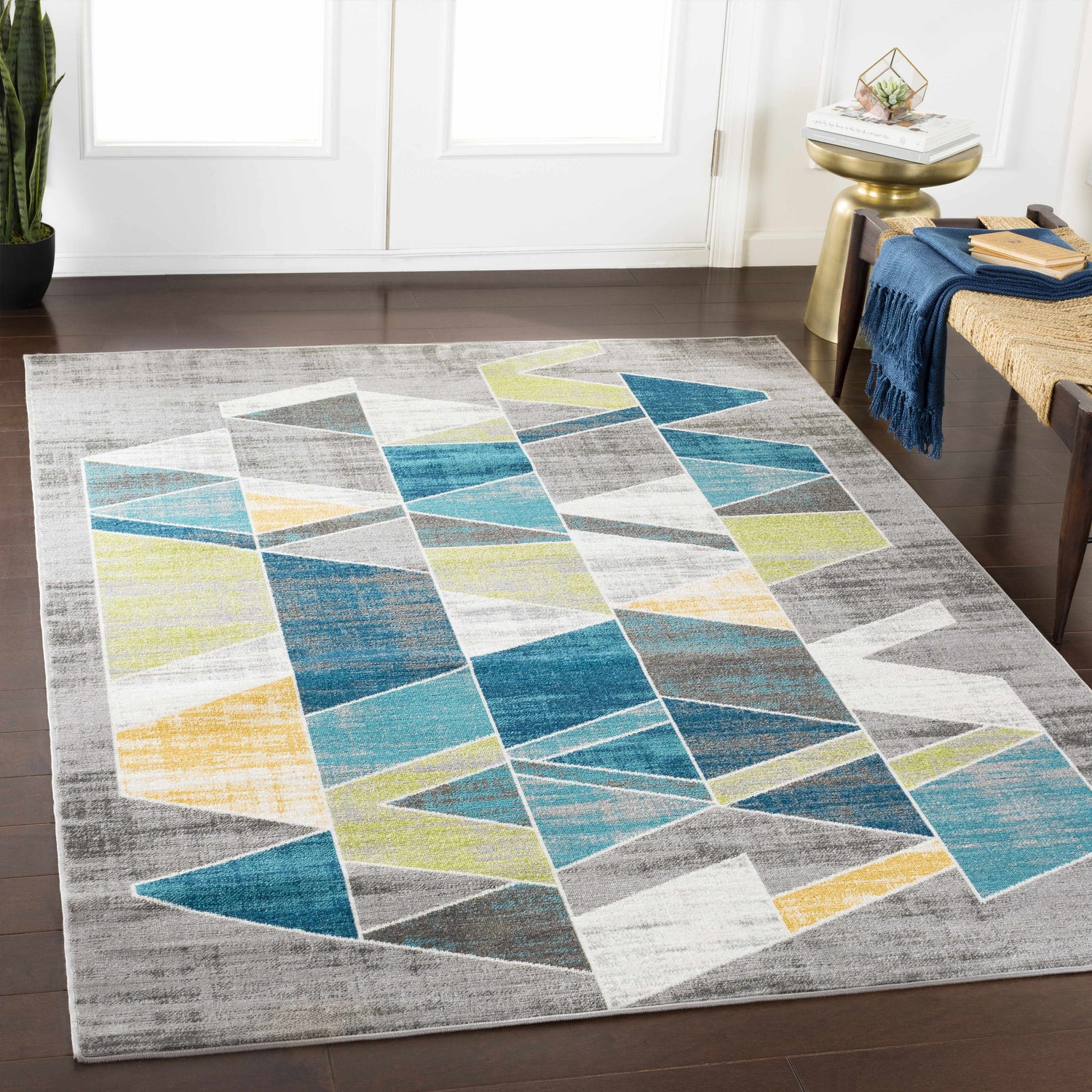 Entryway with Hessel Green Triangles Area Rug. Geometric rug in charcoal, gray, green, teal, yellow and white. Roomscene-Rectangle