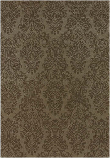 Close-up of the Heywood Area Carpet, showcasing its traditional brown damask pattern and hand-knotted texture. Design-Rectangle-5686