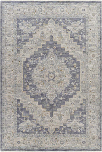 Detailed close-up of the Sema Blue Medallion Thick Luxe Area Rug, showcasing its Persian-inspired design and gray and blue color palette. Design-Rectangle-6796