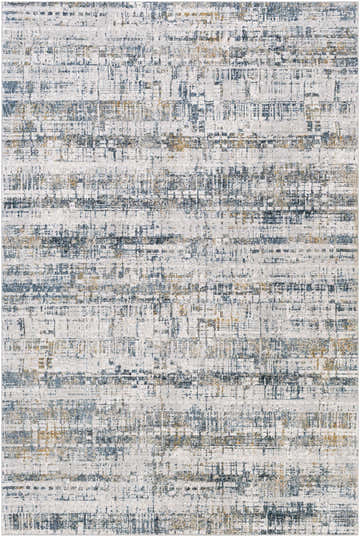 Close-up of Hughesdale Distorted Lines Luxe Area Rug. Contemporary design in blue, brown, gray, and off-white hues. Design-Rectangle-6796
