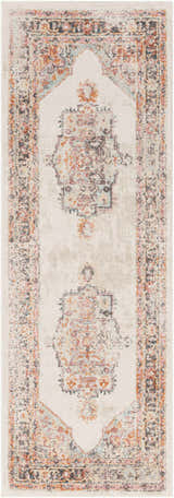 Close-up of the Hillcrest Area Rug. Beige rug with traditional orange, pink, and blue bohemian-inspired pattern. Design-Runner-2773