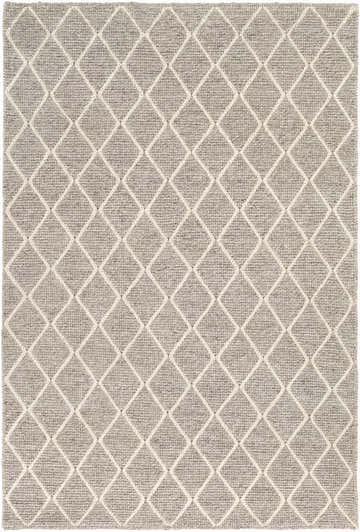 Close-up of the Hindley Area Rug, a hand-woven rug in cream and gray with a geometric diamond pattern. Design-Rectangle-576