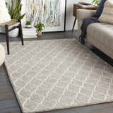 Living room scene with a cream sofa and the Hindley Area Rug in cream and gray. Roomscene-Rectangle
